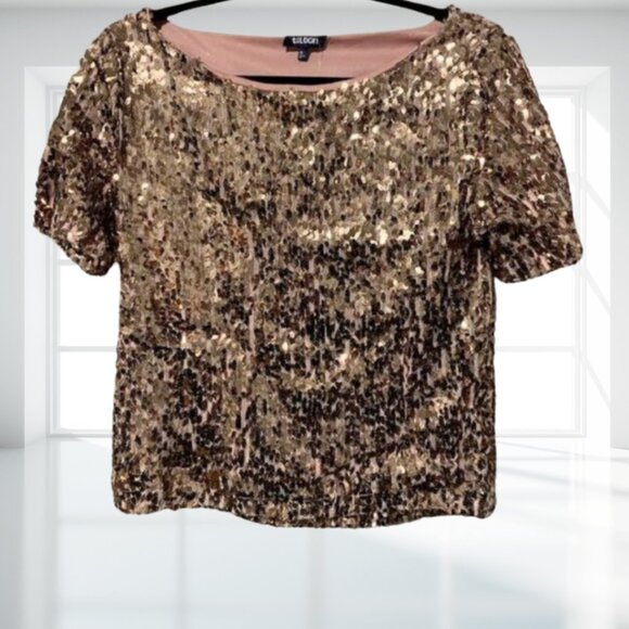 NWT Tildon Sequin Blouse XS | Metallic Bubble Rose Gold Pink Top Nordstrom Party - Picture 2 of 10